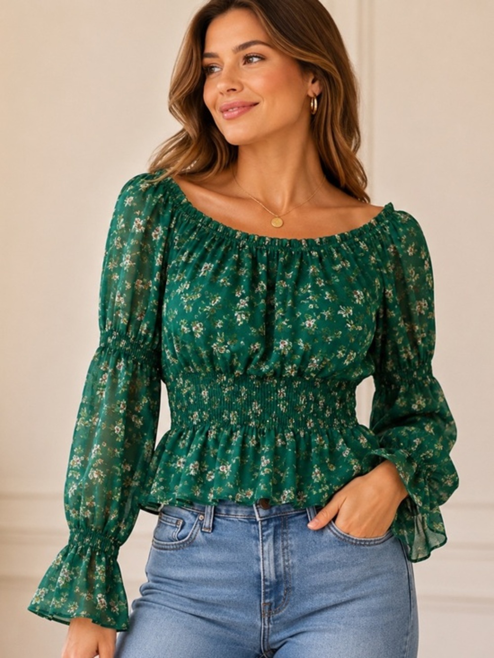 Green Floral Print Elastic Detail Top Cottagecore Romantic NWT XS #1016